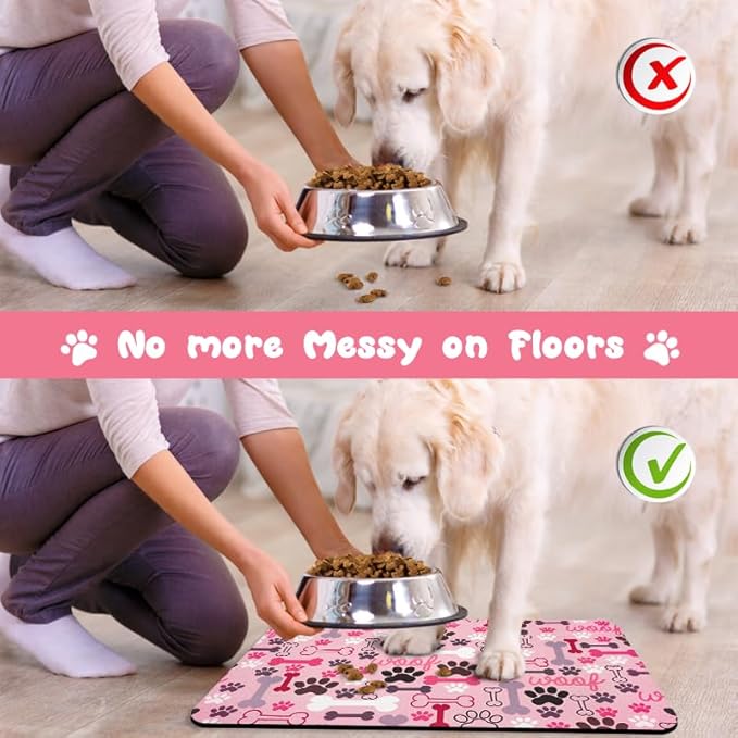 Dog Food Mats for Floors Waterproof, Pet Water Bowl Mats Pet Feeding Absorbent Placemats Pink 12 * 20 inch