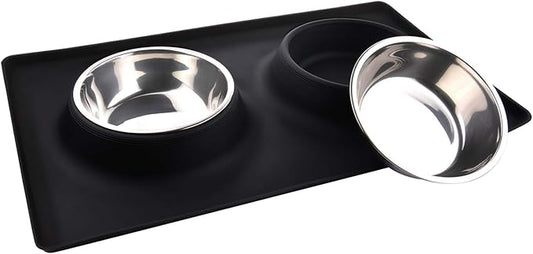Dog Bowls with Mat, Cat Water Food Bowl Set (13.5oz Each) in No Spill Silicone Mat, Dual Pet Feeder Bowl for Puppy, Cats, Small Medium Dogs (Square, Black)