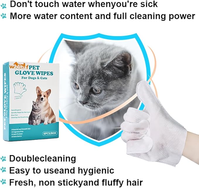 WBLITUF Pet Glove Wipes for Dogs and Cats - Dog Washing Gloves, Cat Bathing Wipes, [Individually Wrapped] 6 PCS, Cleaning & Deodorizing, Unscented,Hypoallergenic, Daily Care andTraveling.