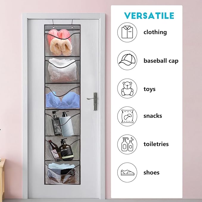 2 Pack Over the Door Shoe Organizer Hanging Shelve for Closet Clothes Storage Stuffed Animals Holder with 6 Large Pockets (Clear Pockets - 2 Pack)