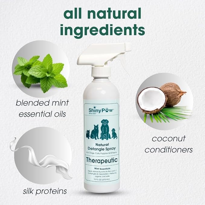 Pet Detangler Spray for Dogs & Cats 16 oz by Shiny Paw | Mint Essentials Detangler Spray | Hypoallergenic Dogs Detangler | Shines & Restores Coat | Made in The USA