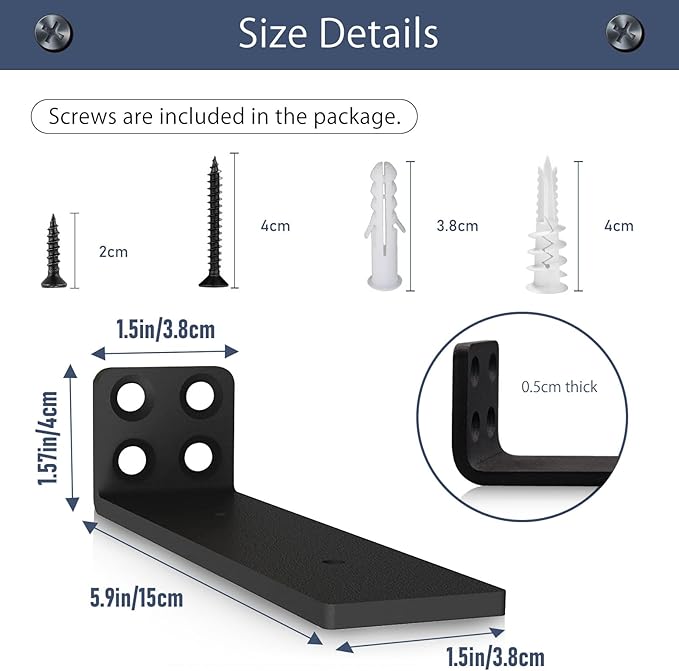 MLOQI 6 Pack Black Heavy Duty Shelf Brackets, Brackets for Wood Shelve, 5mm Thick Floating Shelf Bracket Up to 50KG Capacity (6Inch)