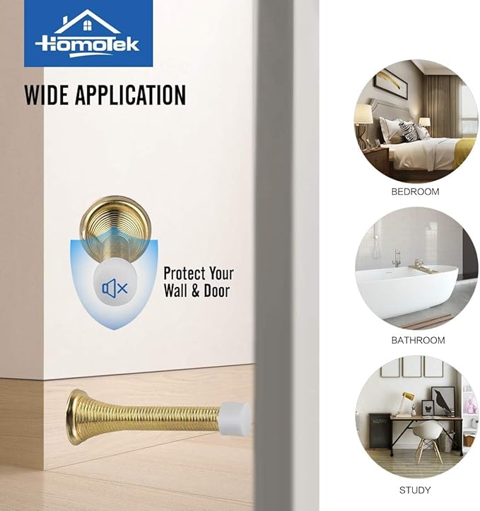 HOMOTEK 1 Pack Spring Door Stopper with Rubber Bumper 3-1/8" Flexible Spring Heavy Duty Wall Door Stop Low Mounted Door Bumper for Home (Bright Brass)