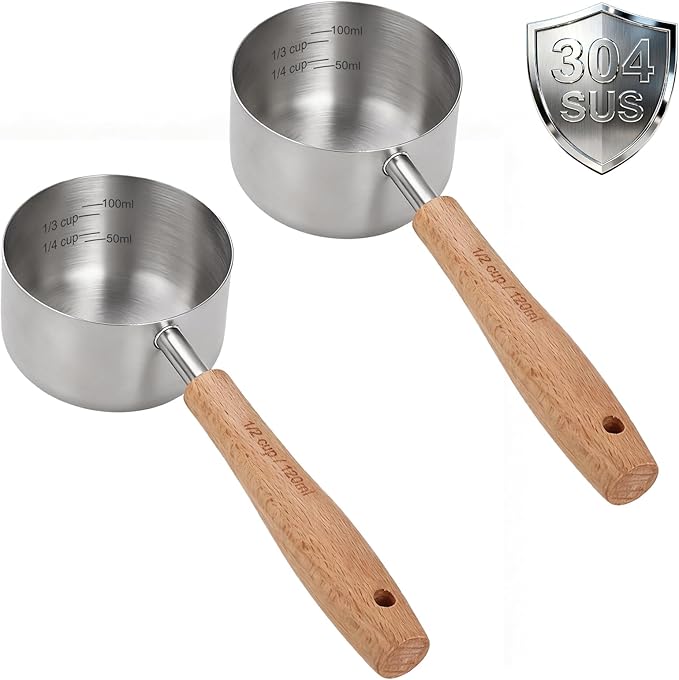 TREMENDRY 2PCS 1/2Cup(120ml | 4oz) Dog Cat Food Scoop, 18/8(304) Stainless Steel Measuring Cup with Wooden Handle, Etched Measurements Inside, BPA Free Portion Control for Pets & Kitchen Use