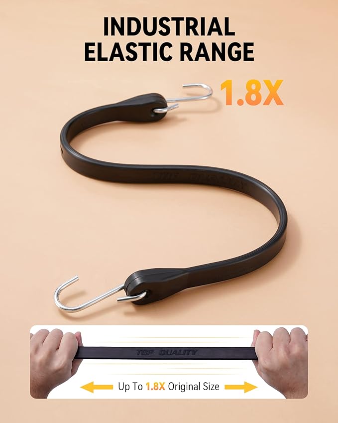 Rubber Bungee Cords with Hooks, Heavy Duty Bungee Straps, Assorted Sizes with 1.8X Max Stretch & Over 176 lbs Load, Black, 100% EPDM Rubber & S Hooks for Cargo, Tarps, 10", 15", 21", 31" (10 Pack)