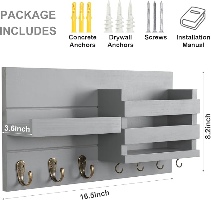 Lwenki Mail Organizer for Wall Mount – Key Holder with Shelf Includes Letter Holder and Hooks for Coats, Dog Leashes – Rustic Wood with Flush Mounting Hardware (16.5” x 8.7” x 3.5”) (Gray)