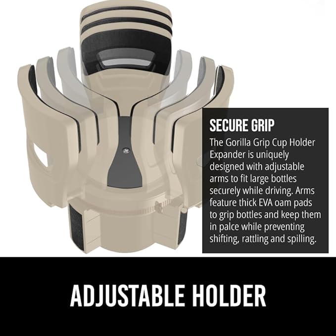GORILLA GRIP Patent Pending Car Cup Holder Expander, Keeps Large Drink Cups Secure, Expands Fits Yeti, HydroFlask, Stanley 18 to 48oz Large Water Bottles, Coffee Mug, Adjustable Arms Insert, Tan
