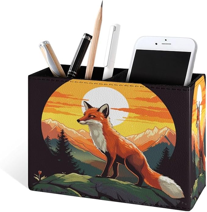 Famame Fox Sunrise Mountain Pencil Holder for Desk, Leather Desktop Container Pen Cup Storage Study Table Pen Organizer Makeup Brush Holder for Classroom Office Home