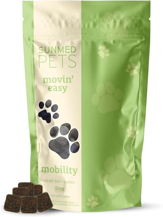 Sunmed Movin' Easy Hemp Pet Chews for Joint Health & Mobility – Omega-3, Green Lipped Mussels, 5mg Hemp Extract – Supports Flexibility & Comfort | Beef Liver & Sweet Potato, 40 Count