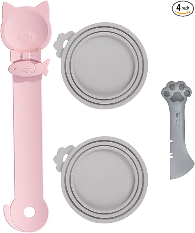 Cat Dog Food Can Lids Spoons，Silicone Pet Food Can Lids with Multi-Function Cat Food Spoon and Opener Cute Paw Shape Opener Spatula Wet Food Spoon for Cats and Dogs (Gray)