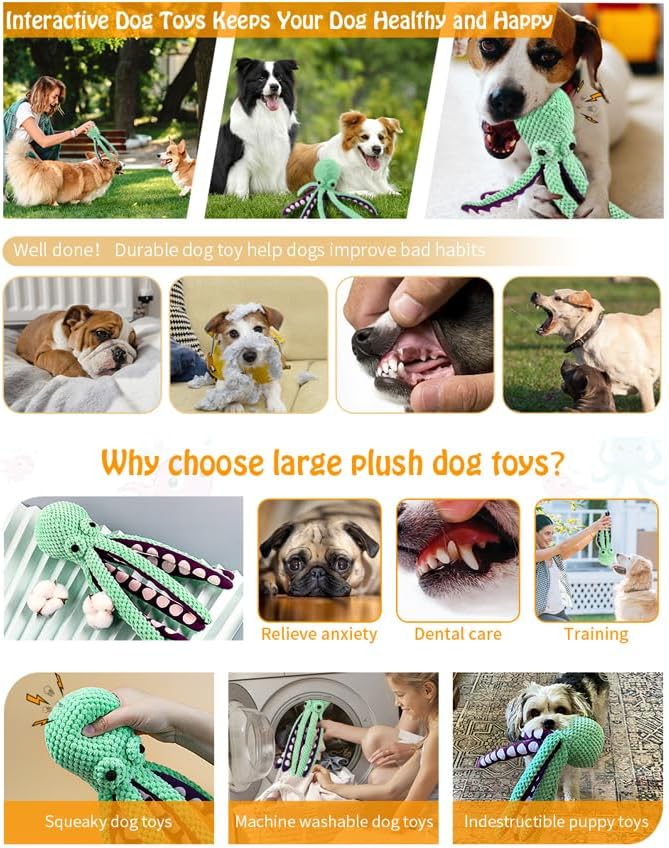 2-Pack Stuffing Free Octopus Dog Toy – Squeaky Octopus Dog Toys for Small, Medium & Large Breeds – Durable Crinkle Plush Chew Toy with Squeaker for Puppy Teething & Training