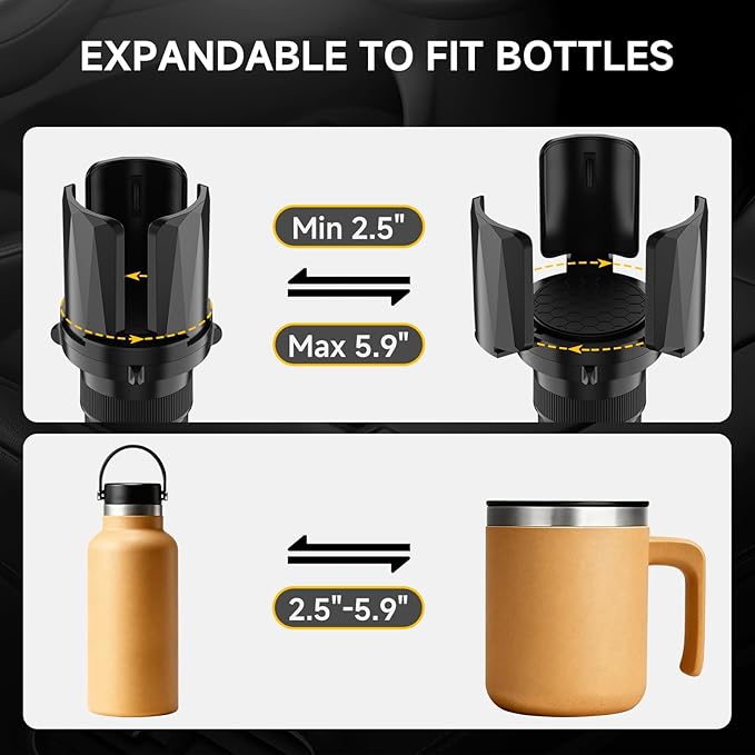 DYLEN Car Cup Holder Expander, Cup Holder Expander Adapter for Car with Expandable Arms, Fits Yeti, HydroFlask, Stanley 14-64oz, Other Large Drinks and Mugs in 2.5”-5.9”
