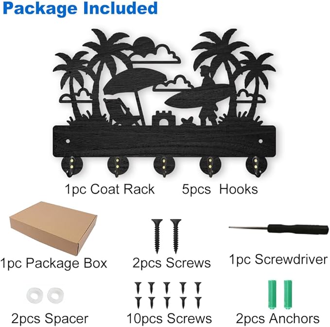 MAYJOYDIY Beach Coat Hooks Wall Mount Summer Coconut Tree Wood Key Holder for Wall 11.8×7.9inch Black Wall Art Decor Key Hooks 5 Alloy Hooks for Gift Entryway Living Room Kitchen Office
