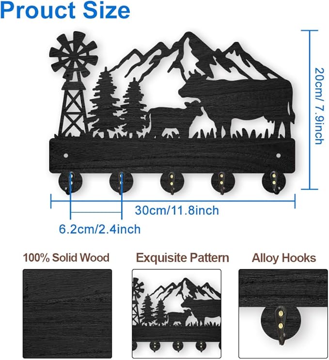 MAYJOYDIY Wall Mount Key Holder, Farmhouse Cow Design, 11.8x7.9 inch, 5 Alloy Hooks, Black Mountain Tree Decor