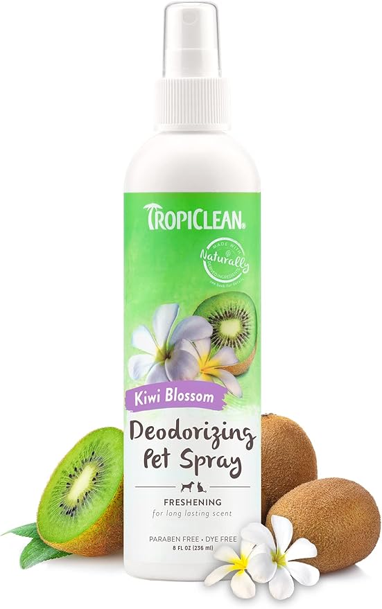TropiClean Dog Perfume, Long Lasting Kiwi Cologne, Deodorizing Spray for Smelly Dogs, After Bath Detangling Spray with Vitamin E, Safe for Cats, 8oz.
