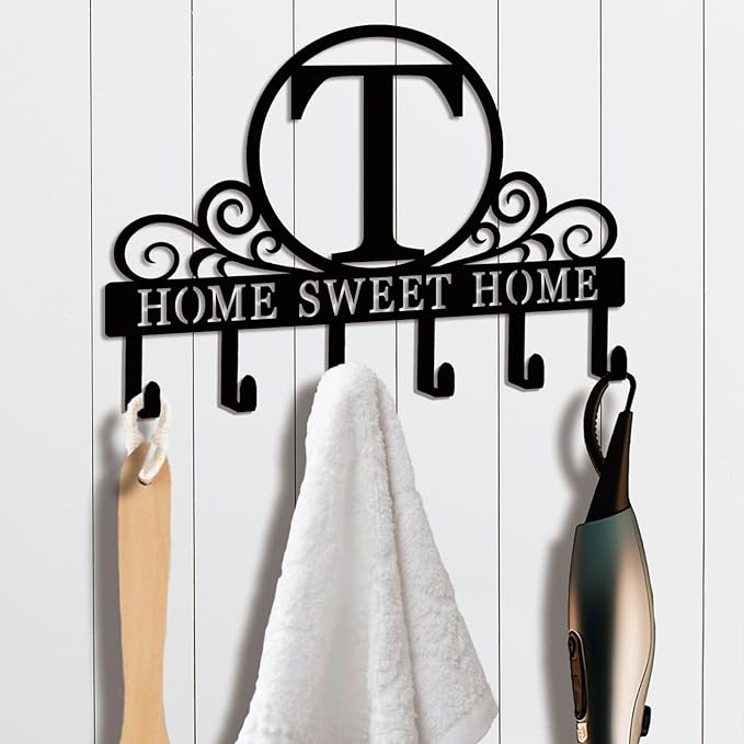 Metal Letter T Key Holder for Wall, Monogram Coat Rack Wall Mount, Key Hooks Perfect for Bathroom, Living Room, Kitchen, Office Ideal Wedding, Anniversary, Housewarming Gift (T)