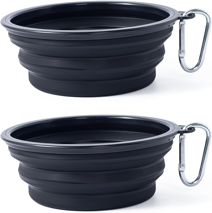 Dog Bowl Pet Collapsible Bowls, 2 Pack Collapsible Dog Water Bowls for Cats Dogs, Portable Pet Feeding Watering Dish for Walking Parking Traveling with 2 Carabiners (Black+Black, Medium)