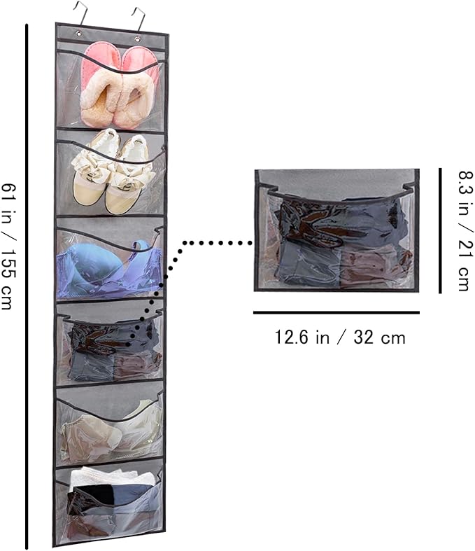 2 Pack Over the Door Shoe Organizer Hanging Shelve for Closet Clothes Storage Stuffed Animals Holder with 6 Large Pockets (Clear Pockets - 2 Pack)