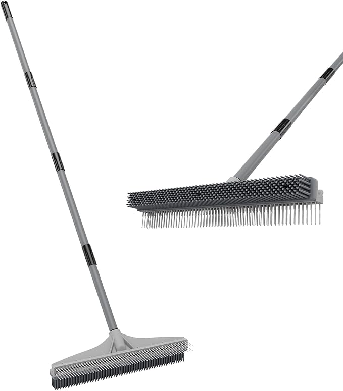 Walensee Rubber Broom, 2 in 1 Rubber Broom and Nylon Carpet Rake Brush for Pet Hair Removal, 61" Adjustable Long Handle, Carpet Hair Cleaning Tool for Fur Rug, Stairs and Mats - Washable, Durable