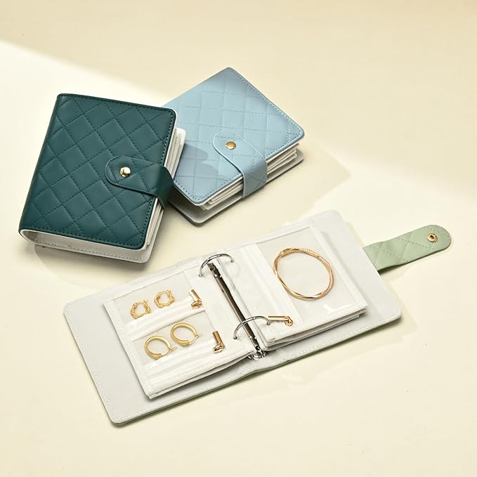 Oirlv Mini Travel Jewelry Organizer Case Portable Jewelry Book with Velvet Pouches for Jewelry Travel Essentials(Blue-Green)