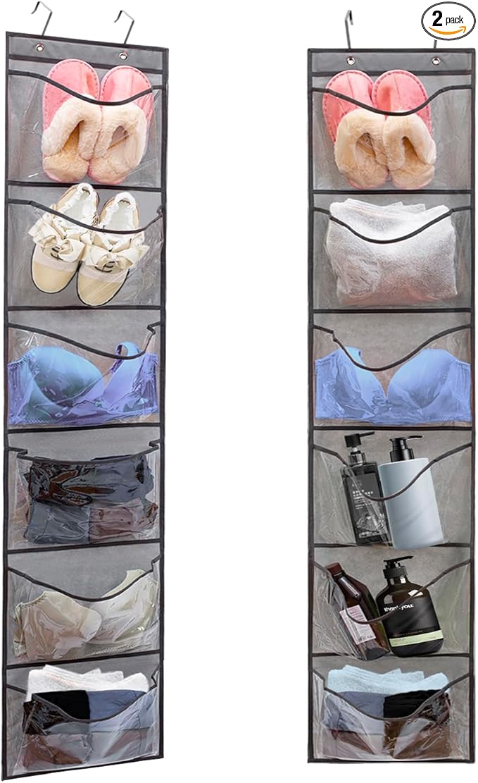 2 Pack Over the Door Shoe Organizer Hanging Shelve for Closet Clothes Storage Stuffed Animals Holder with 6 Large Pockets (Clear Pockets - 2 Pack)