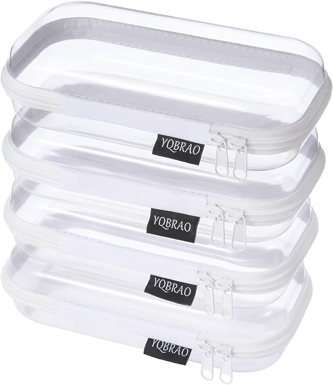 YQBRAO 4-Pack Clear Hard Shell Zipper Case, 1.2mm Ultra-Thick Diaper Bag Organizer Pouches, Rigid Self-Standing Travel Makeup Bags with YKK Zippers, TSA Approved, White