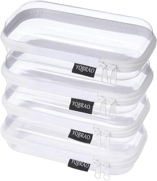 YQBRAO 4-Pack Clear Hard Shell Zipper Case, 1.2mm Ultra-Thick Diaper Bag Organizer Pouches, Rigid Self-Standing Travel Makeup Bags with YKK Zippers, TSA Approved, White