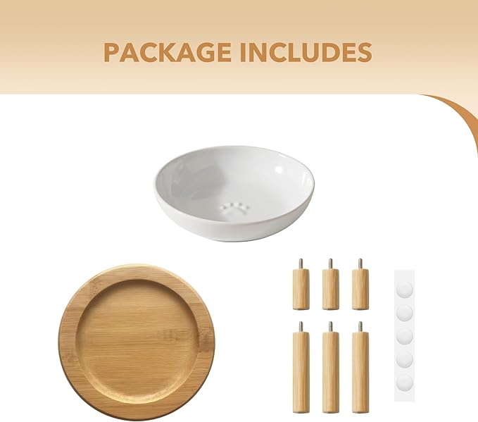 Elevated Ceramic Cat Dish with Paw Print, Wide Whisker Friendly Anti-Slip Food & Water Bowl with 2 Heights Adjustable Stand - Pet Bowl Set for Cats (1 Dish + 1 Stand, White)