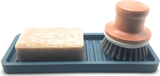 Happitasa Silicone Kitchen Sink Organizer Tray, Sponge Holder and Countertop Protector | Bathroom and Kitchen Soap Dish and Dispenser Tray (Smoky Blue, 9"x3.5")