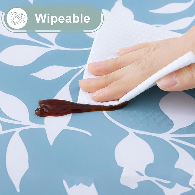 misaya Rectangle Waterproof Vinyl Table Cloth, Wipeable Tablecloth with Flannel Backing, Plastic Table Cover for Dinner, Picnic, Indoor and Outdoor (Blue Leaves, 52" x 70")