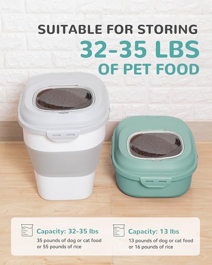 DDMOMMY 30-35 Lbs Dog Food Storage Container Collapsible Dog Food Container with Airtight Lids, Wheels, Scoop and 2pcs Food Storage Containers, Large Pet food storage for Dog, Cat (Green)