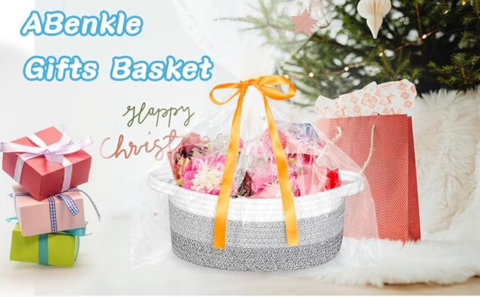 ABenkle Small Woven Easter Basket with Handle, 12x8x5 inches, Durable Storage Basket, Gift Wrap Ready with Ribbon