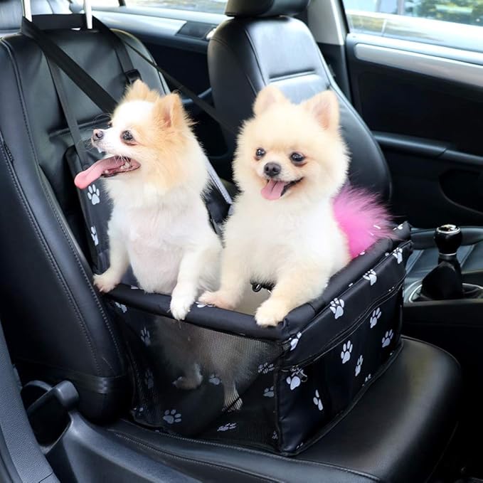 Petbobi Pet Reinforce Car Booster Seat for Dog Cat Portable and Breathable Bag with Seat Belt Dog Carrier Safety Stable for Travel Look Out,with Clip on Leash with PVC Tube, Black Paw Print