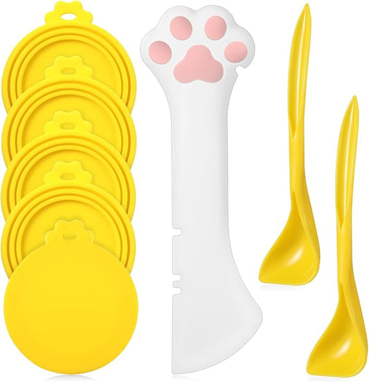 Uiifan Cat Food Lid Cat Food Can Covers Lids 8 Pcs Pet Can Supplies Set 5 Silicone Wet Kitten Foodstuff Tin Covers Lids 2 Silicone Dog Spoons 1 Paw Shape Multifunctional Opener for Pets(Yellow)