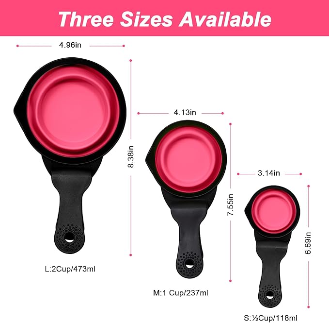 PNEUICALLY Collapsible Dog Food Scoop Foldable Pet Food Bag Clip 3 in 1 Multi-function Silicone Cat Food Measuring Cup Scoop Dog Food Scooper Pet Food Storage Clip (Rose Red, 1 Cup Capacity(1 Pack))