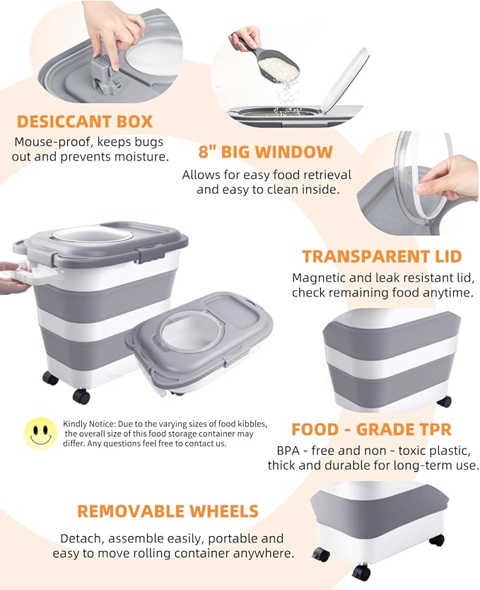 DDMOMMY 25-28 Lbs Dog Food Storage Container with Handle, Collapsible Dog Food Container with Airtight Lids, Wheels, Large Pet food storage Container for Dog Cat,Dog Food Scoop,Small Container