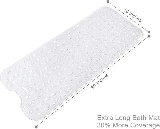 Bathtub Mats for Shower Tub, Extra Long Non-Slip 39 x 16 Inch Bath Mat with Drain Holes and Suction Cups, BathMat for Bathroom with Machine Washable (Clear)