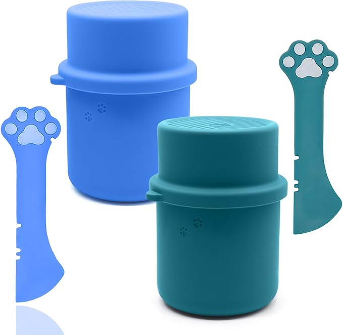 Original Canned Dog Food Storage Container & One Can Spoon | Silicone Can Cover Pet Food Sealer & Cute Paw Shape Opener Spatula | BPA Free, Airtight, Dishwasher & Freezer Safe (Dark Blue+Blue)