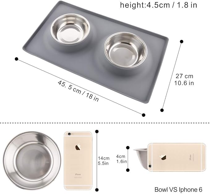 Dog Bowls with Mat, Cat Food Water Bowl Set (13.5oz Each) in No Spill Silicone Mat, Dual Pet Feeder Bowl for Puppy, Cats, Small Medium Dogs (Square, Grey)