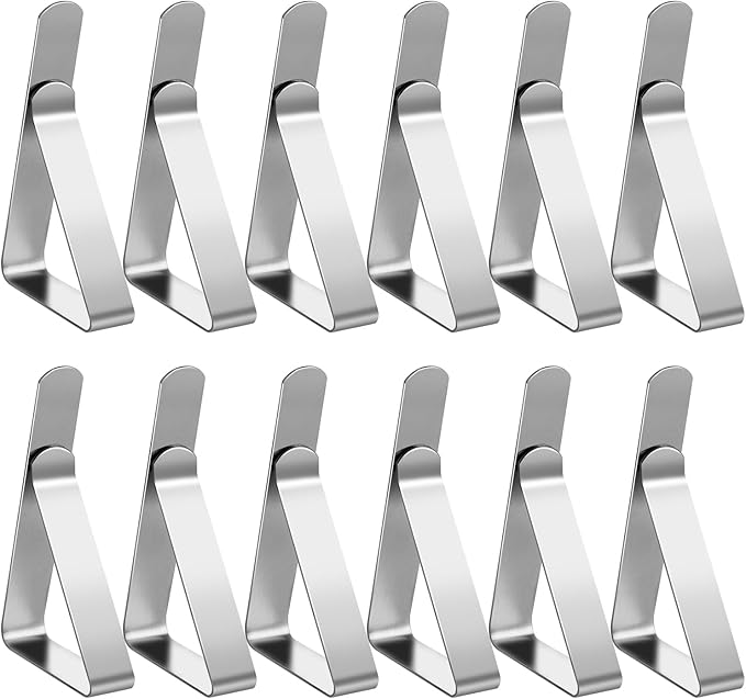 Tablecloth Clips & Clamps 12 Pack - Stainless Steel Table Cloth Holders for Outdoor Picnic, Restaurants, Weddings, Folding Tables