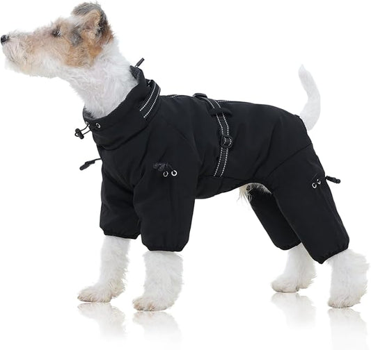 FUAMEY Full Body Dog Coat,Warm Dog Fleece Jackets with Harness Built in Windproof Dogs Snowsuit Zip up Pet Four Legged Pets Jumpsuit Winter Outfit Cold Weather Coats for Small Dogs Black S
