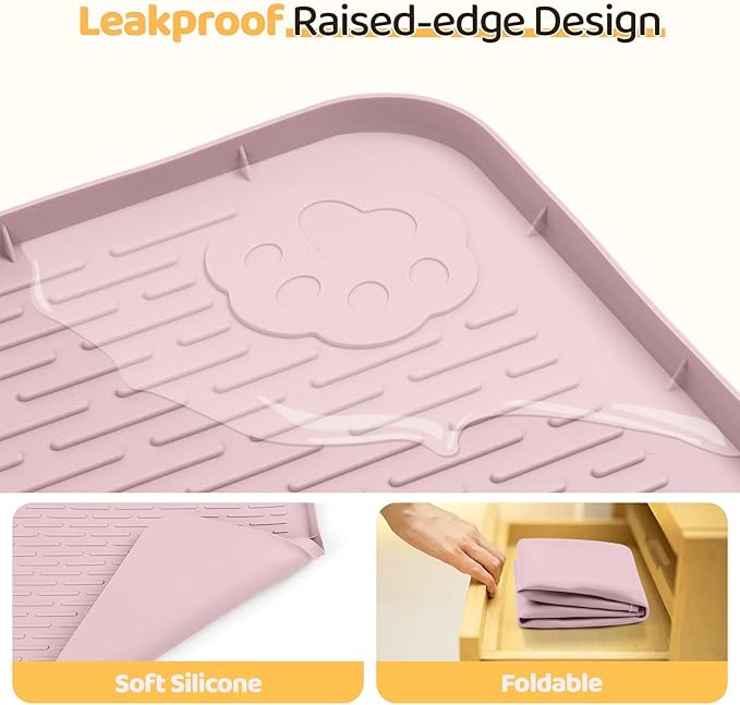 Bartuke Dog Food Mat, Extra Large 40" x 28" Silicone Pet Feeding Mat with Raised Edge Pet Placemat for Small, Medium, and Large Pets Non-Slip, Easy to Clean (Pink)