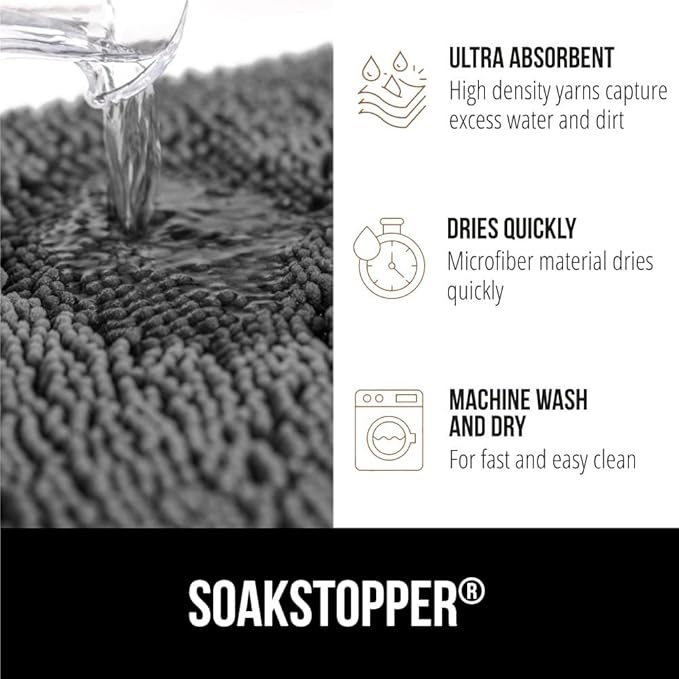 GORILLA GRIP SOAKSTOPPER Dog Door Mat, 60x36 Machine Washable Rug Absorbent Doormat Captures Moisture Mud Dirt, Quick Dry Soft Chenille Entryway Rugs Indoor Entrance Mats for Dog Paws, Gray