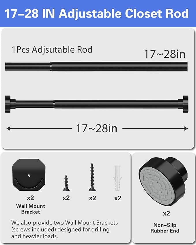No Drilling Closet Rods for Hanging Clothes, Non Slip Tension Rod with Heavy Duty Clothes Hanging Rod, 17-28 Inches Adjustable Spring Closet Rod for Closet Wardrobe Bathroom Laundry RV, Black