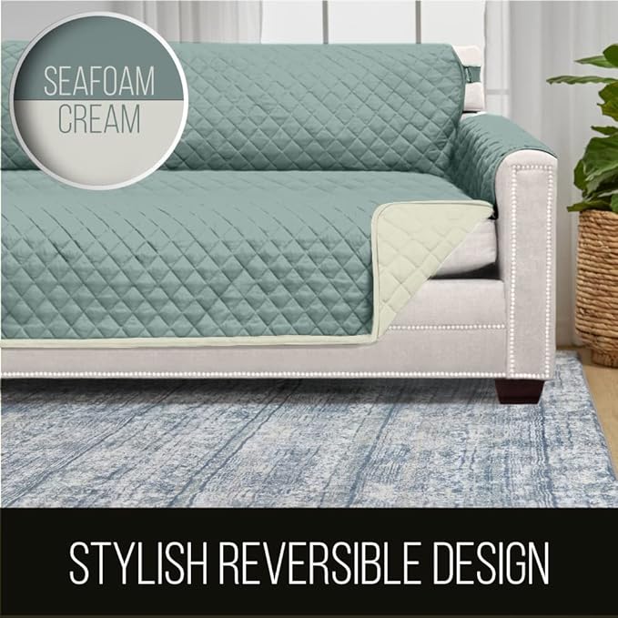 Sofa Shield Couch Slip Covers for Dogs, Reversible Furniture Protector with Strap, Stain and Tear Resistant Cushion Cover, 88 inch Seat, Machine Washable Slipcover Pets, Cats, Seafoam Cream