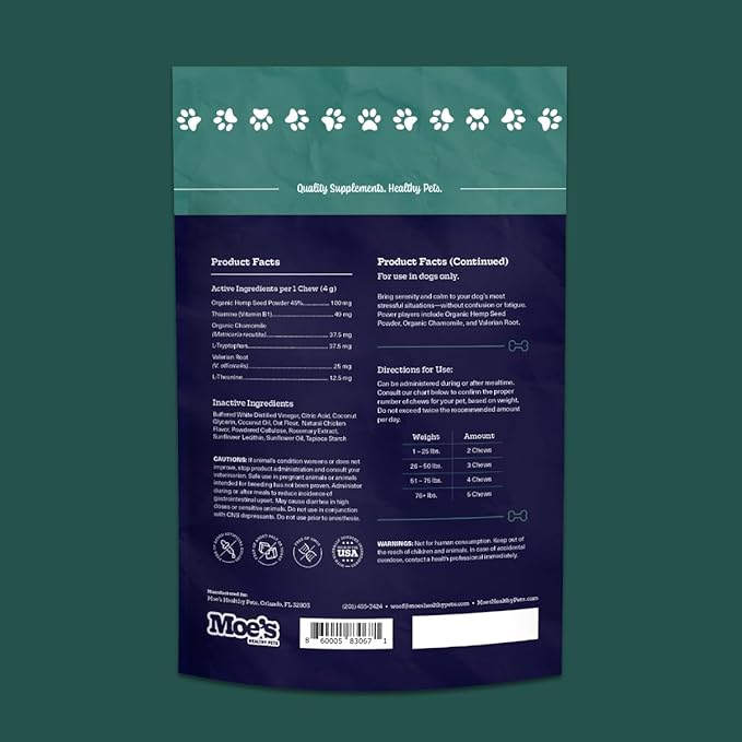 Moe’s Calming Chews for Dogs 90ct – Natural Anxiety Relief with Hemp, Chamomile, and Tryptophan – Calming Dog Treats for Separation, Fireworks, Travel and Storms (Chicken)