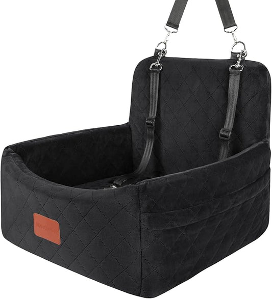WOOAIDAGG Dog Car Seat for Small Dogs Under 30lbs, Washable Pet Travel Car Bed with Memory Foam,Fully Detachable Cover,2 Storage Pockets & Safety Leash,Non-Slip Bottom(Black)