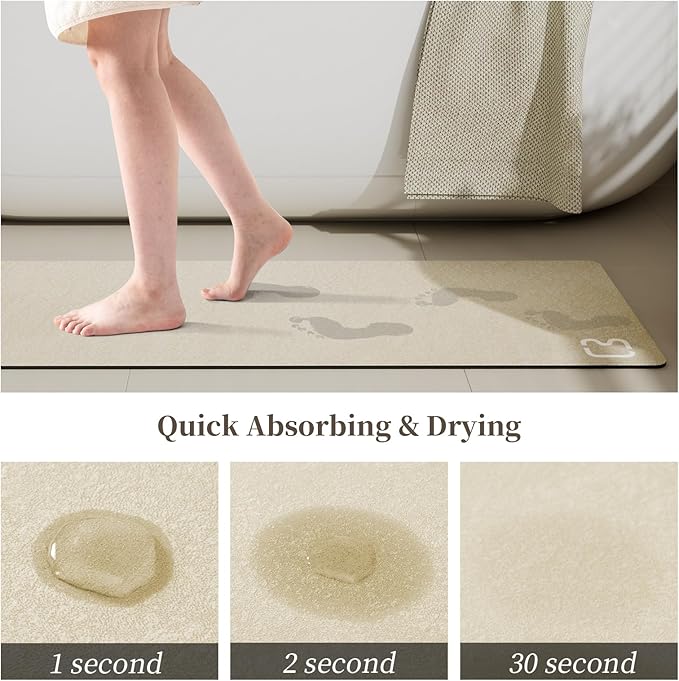 2 Piece Bathroom Mat Rugs Set - Quick Dry Absorbent Diatomaceous Earth Bath Mat Non-Slip Bathroom Floor Mat with Rubber Backing, Thin Bathroom Rugs Fit Under Door, 15.7x23.6+15.7x47.2 Inch, Beige