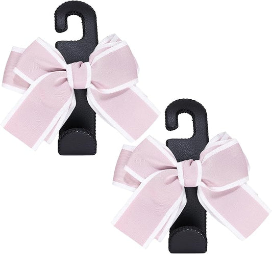 Car Purse Hook, Cute Bow Hooks for Headrest - Leather U-Shaped Purse Holder for Car, Flexible Seat Back Organizer & Durable Vehicle Accessories for Bags, Coats & More (Black&Pink-2 Pack)