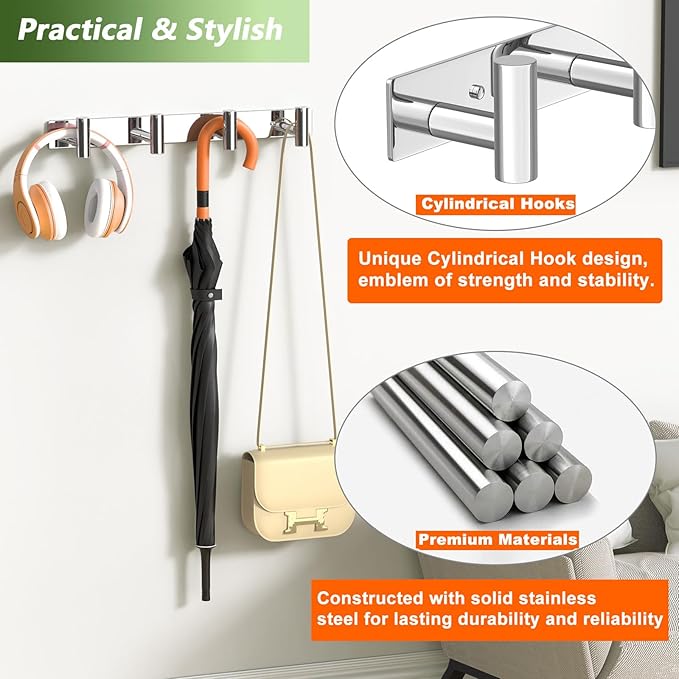 VINHOLD Wall Mounted Coat Rack-4 Hooks, Heavy Duty Stainless Steel Wall Hooks for Towel Coat Bag, Hat Rack Coat Hanger Coat Hooks Towel Racks for Bathroom Entryway Kitchen Hotel (Glossy, 1 Pack)